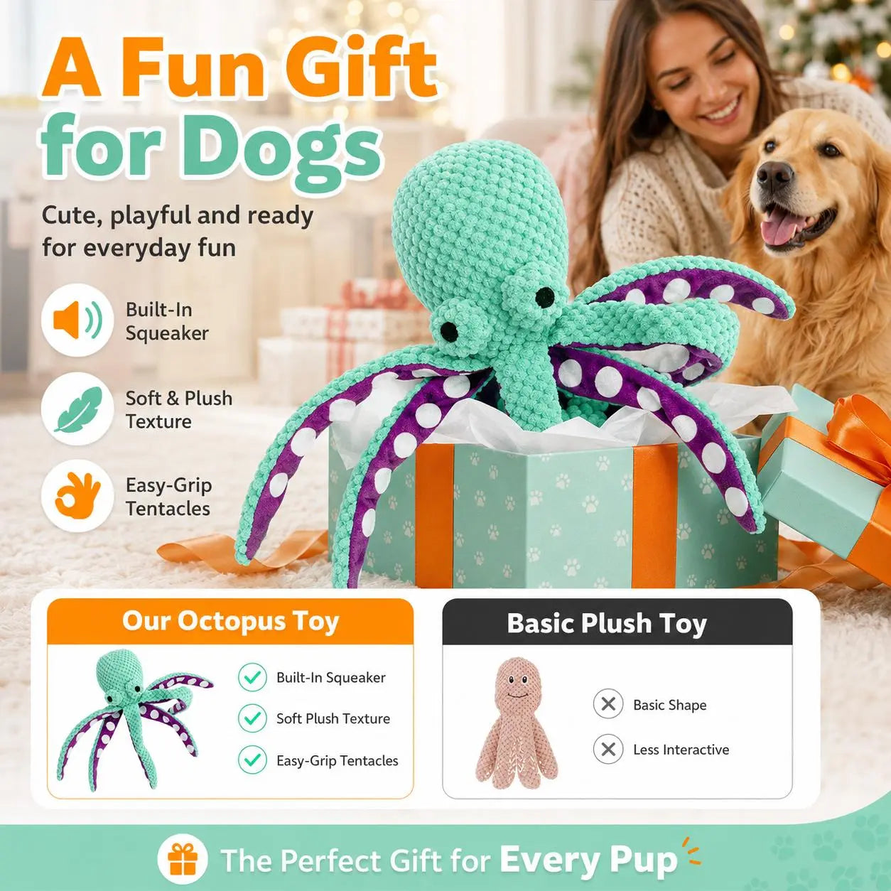 Soft Squeaky Octopus Dog Toy—Plush Puppy Chew Toy Suitable for Small, Medium, and Large Dogs; an Interactive Pet Toy for Training Rewards, Throwing, Retrieving, Pulling, and Play.