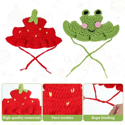 4PCS Handmade Knitted Pet Clothing Hats - Lightweight Polyester Fabric, Adjustable Strap, Easy-To-Put-On Cute Frog Design, Ideal for Parties, Birthdays, Photo Shoots, Cute Animal Aesthetic Headwear for Small Cats, Set, Holiday Outfits