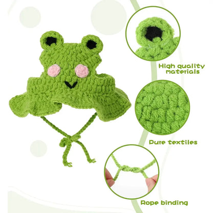 4PCS Handmade Knitted Pet Clothing Hats - Lightweight Polyester Fabric, Adjustable Strap, Easy-To-Put-On Cute Frog Design, Ideal for Parties, Birthdays, Photo Shoots, Cute Animal Aesthetic Headwear for Small Cats, Set, Holiday Outfits