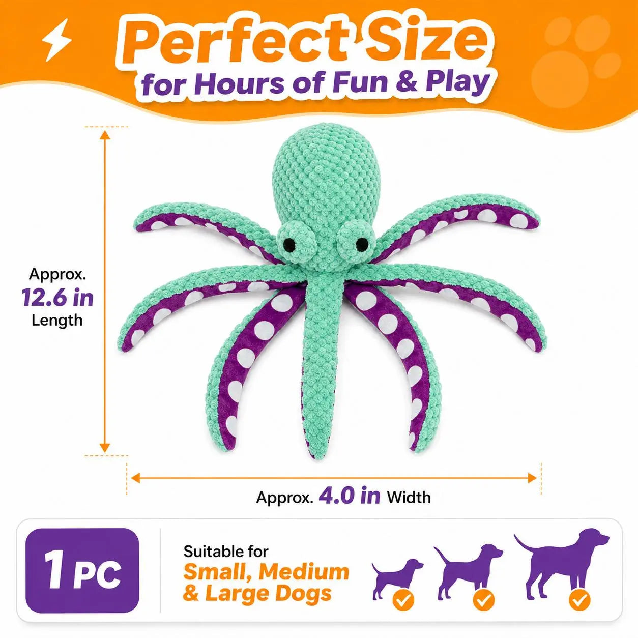 Soft Squeaky Octopus Dog Toy—Plush Puppy Chew Toy Suitable for Small, Medium, and Large Dogs; an Interactive Pet Toy for Training Rewards, Throwing, Retrieving, Pulling, and Play.