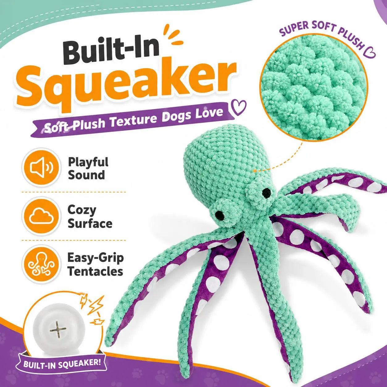 Soft Squeaky Octopus Dog Toy—Plush Puppy Chew Toy Suitable for Small, Medium, and Large Dogs; an Interactive Pet Toy for Training Rewards, Throwing, Retrieving, Pulling, and Play.