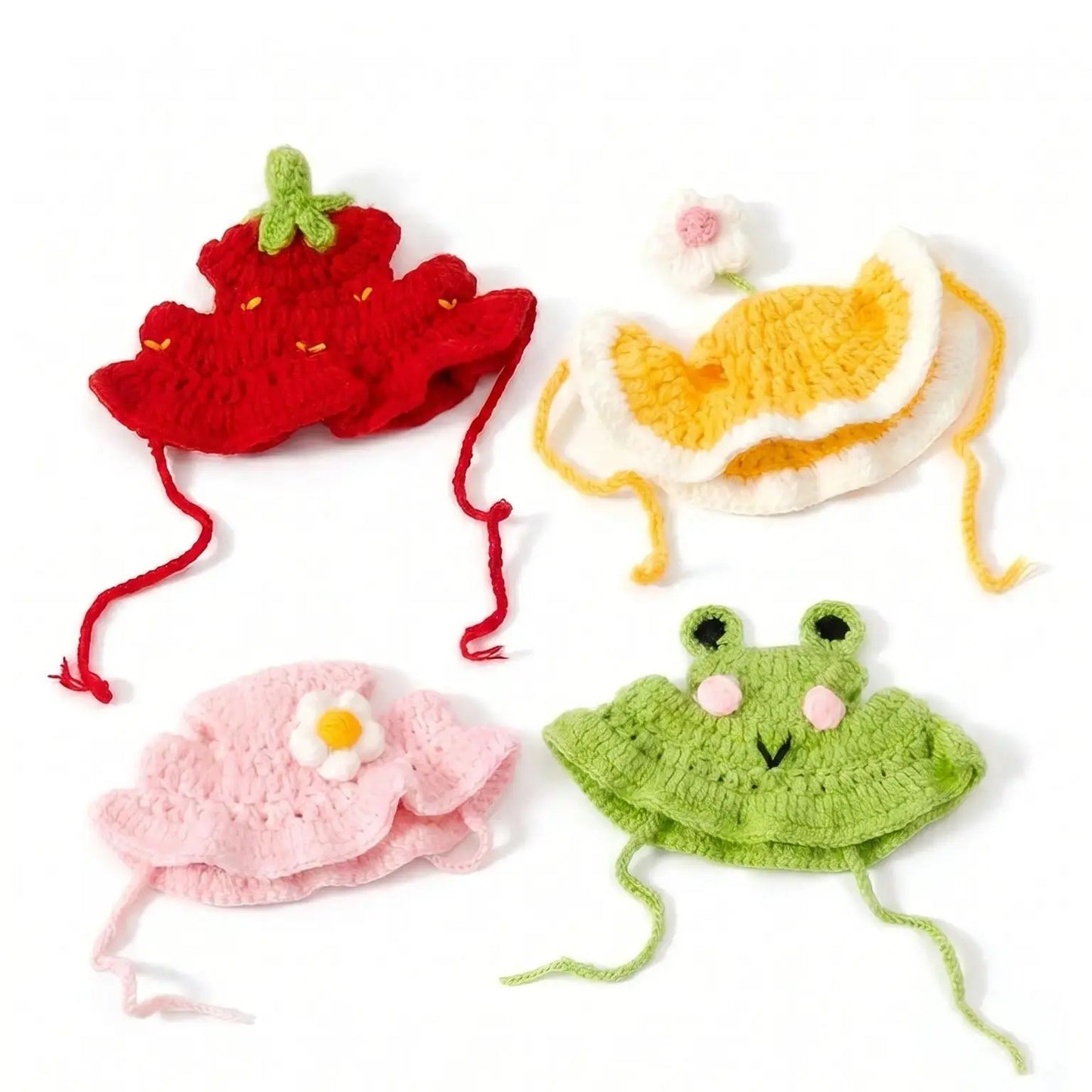 4PCS Handmade Knitted Pet Clothing Hats - Lightweight Polyester Fabric, Adjustable Strap, Easy-To-Put-On Cute Frog Design, Ideal for Parties, Birthdays, Photo Shoots, Cute Animal Aesthetic Headwear for Small Cats, Set, Holiday Outfits