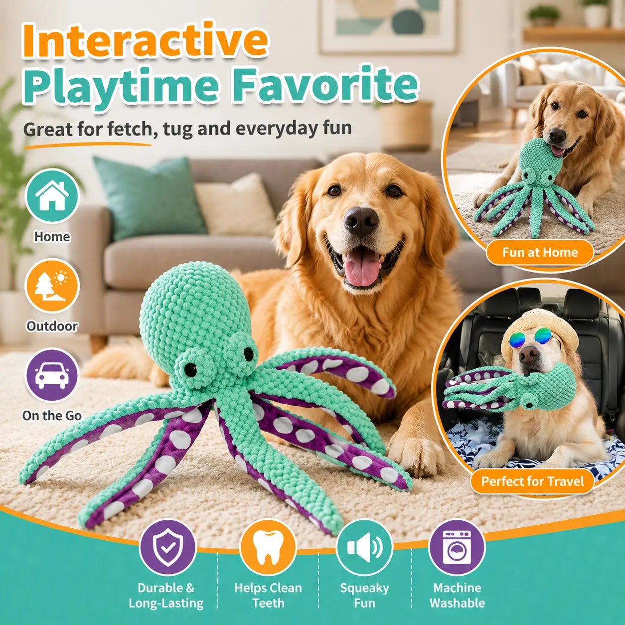 Soft Squeaky Octopus Dog Toy—Plush Puppy Chew Toy Suitable for Small, Medium, and Large Dogs; an Interactive Pet Toy for Training Rewards, Throwing, Retrieving, Pulling, and Play.