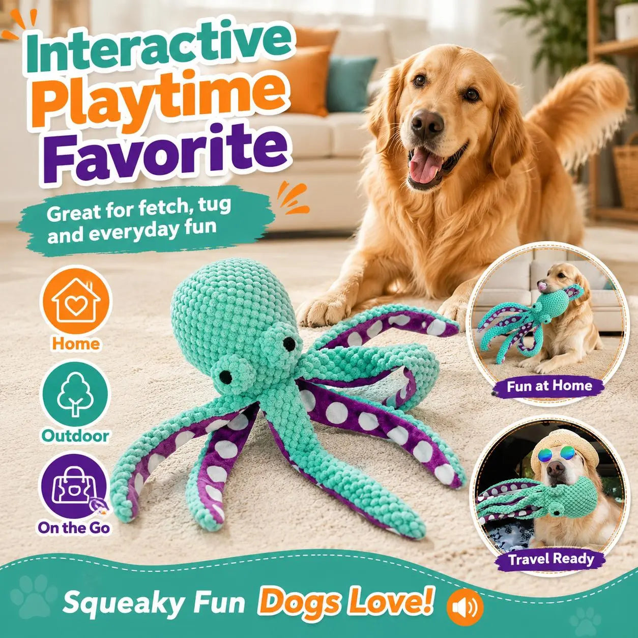 Soft Squeaky Octopus Dog Toy—Plush Puppy Chew Toy Suitable for Small, Medium, and Large Dogs; an Interactive Pet Toy for Training Rewards, Throwing, Retrieving, Pulling, and Play.
