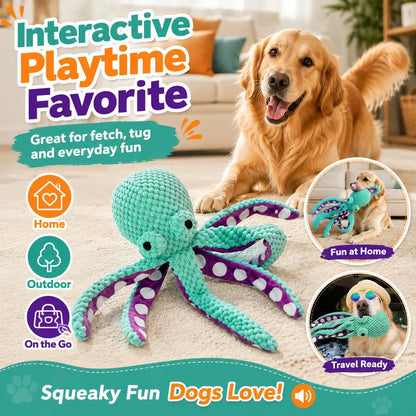 Soft Squeaky Octopus Dog Toy—Plush Puppy Chew Toy Suitable for Small, Medium, and Large Dogs; an Interactive Pet Toy for Training Rewards, Throwing, Retrieving, Pulling, and Play.