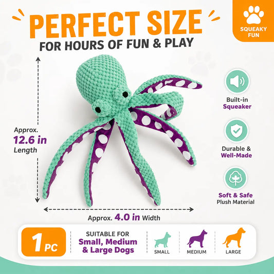 Soft Squeaky Octopus Dog Toy—Plush Puppy Chew Toy Suitable for Small, Medium, and Large Dogs; an Interactive Pet Toy for Training Rewards, Throwing, Retrieving, Pulling, and Play.