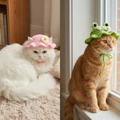 4PCS Handmade Knitted Pet Clothing Hats - Lightweight Polyester Fabric, Adjustable Strap, Easy-To-Put-On Cute Frog Design, Ideal for Parties, Birthdays, Photo Shoots, Cute Animal Aesthetic Headwear for Small Cats, Set, Holiday Outfits