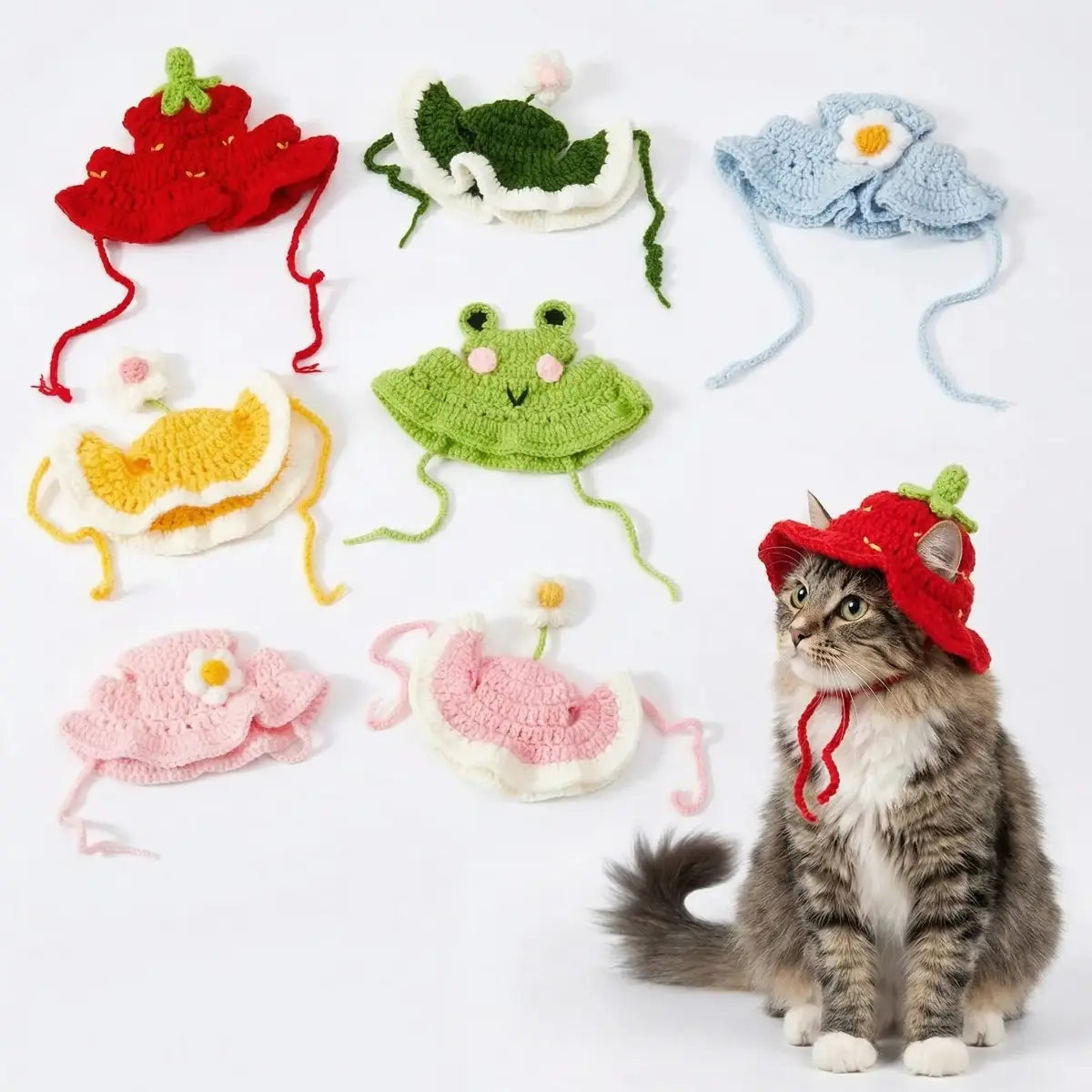 4PCS Handmade Knitted Pet Clothing Hats - Lightweight Polyester Fabric, Adjustable Strap, Easy-To-Put-On Cute Frog Design, Ideal for Parties, Birthdays, Photo Shoots, Cute Animal Aesthetic Headwear for Small Cats, Set, Holiday Outfits