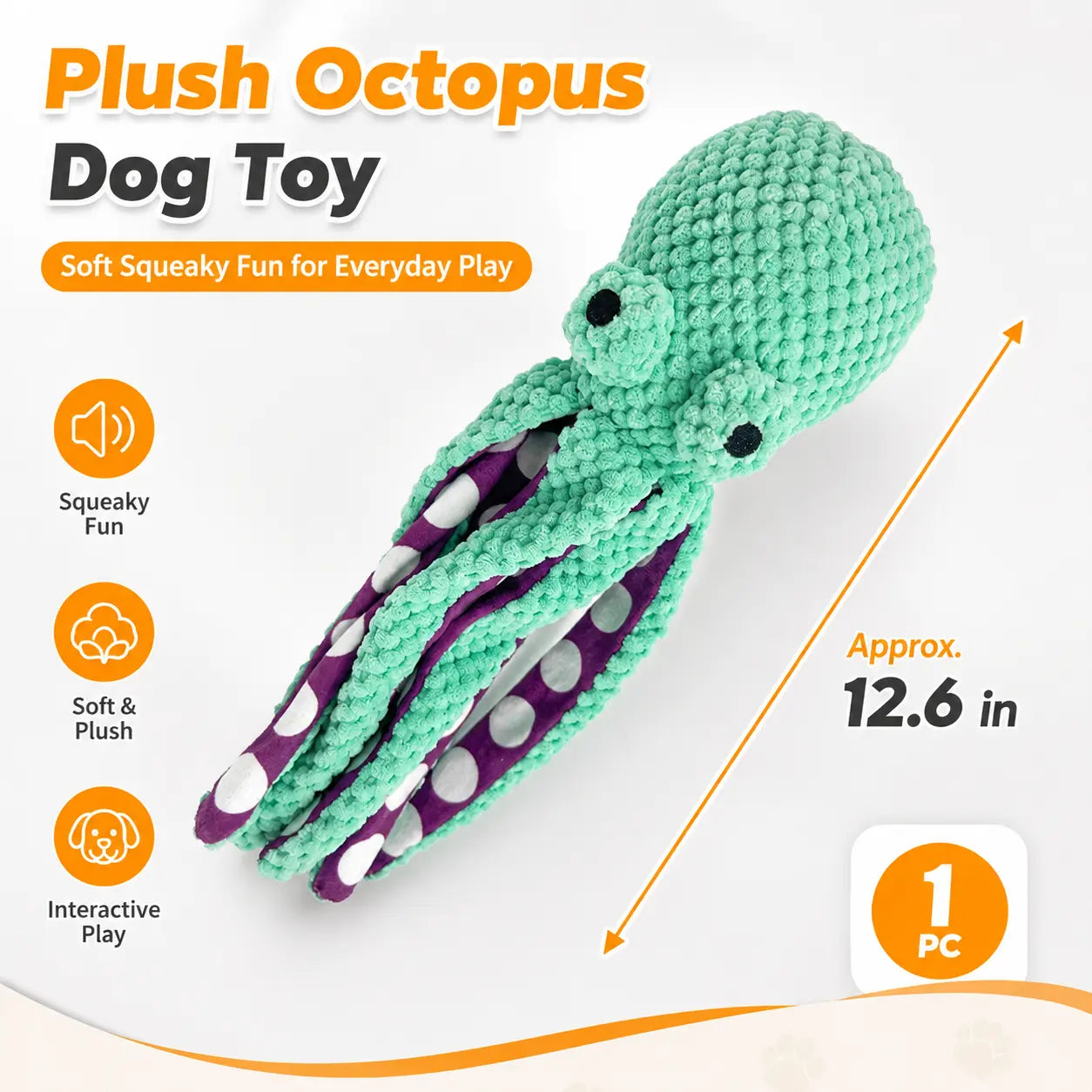 Soft Squeaky Octopus Dog Toy—Plush Puppy Chew Toy Suitable for Small, Medium, and Large Dogs; an Interactive Pet Toy for Training Rewards, Throwing, Retrieving, Pulling, and Play.