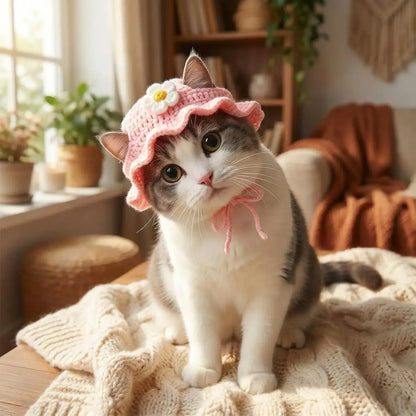 4PCS Handmade Knitted Pet Clothing Hats - Lightweight Polyester Fabric, Adjustable Strap, Easy-To-Put-On Cute Frog Design, Ideal for Parties, Birthdays, Photo Shoots, Cute Animal Aesthetic Headwear for Small Cats, Set, Holiday Outfits